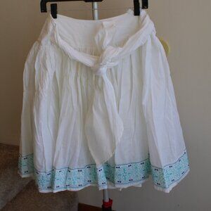 George White Cotton Prairie Skirt Embroidered Hem Cottagecore Tie Waist Size 6